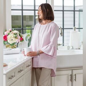 NWT Crown Linen Designs 100% Linen Bella Bell Sleeve Tunic Top In Lilac Size XS